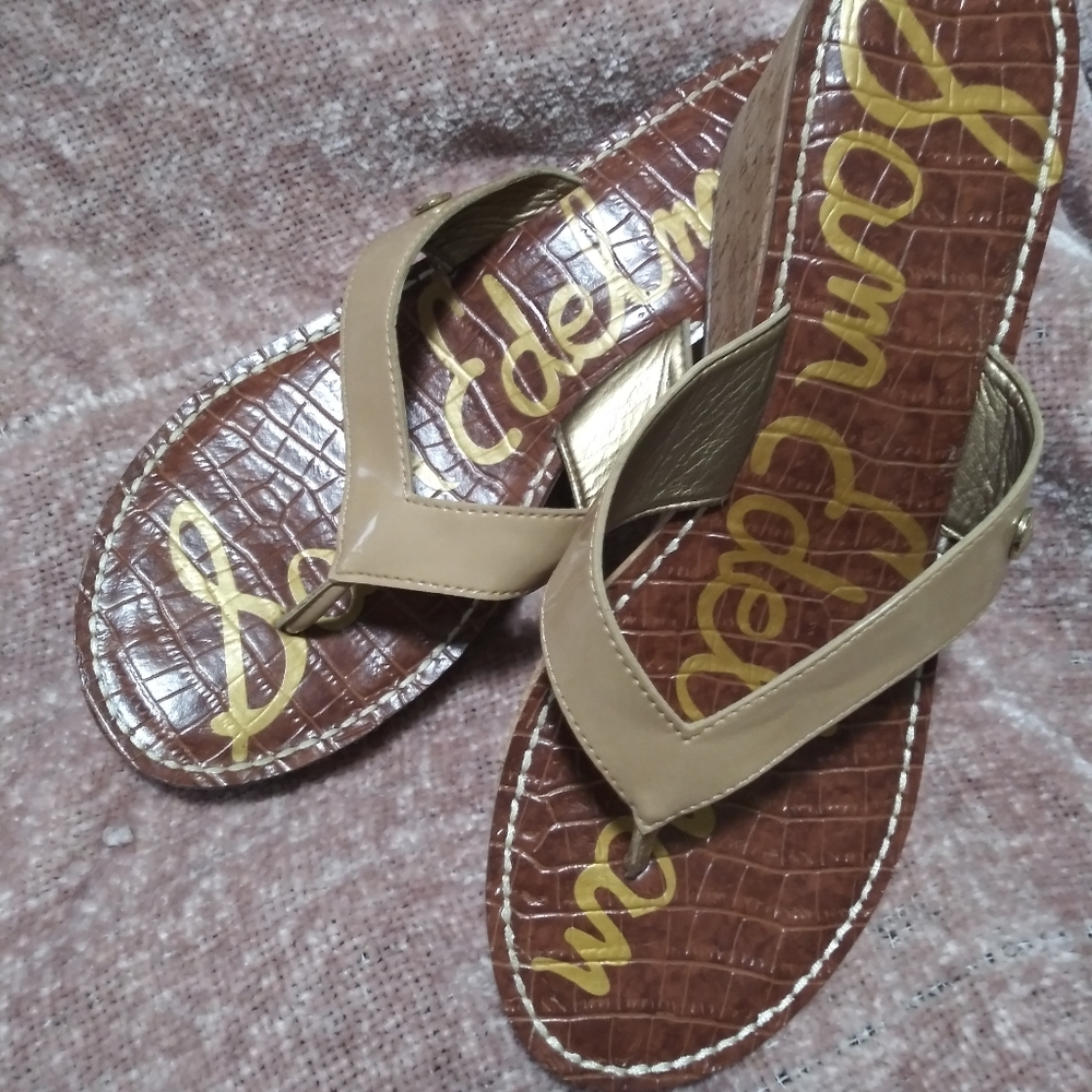 SAM EDELMAN 'Romy 'Nude Tan Patent Cork Wedge Platform Thong Sandals - Picture 1 of 7